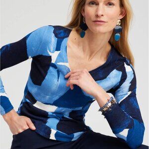 Chico’s Spun Rayon Blue Abstract Print V-Neck Pullover Sweater 4 (XXL 20/22)